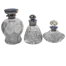 (3pc) Antique Guilloché Enamel and Sterling Silver Cut Crystal Perfume Bottles
