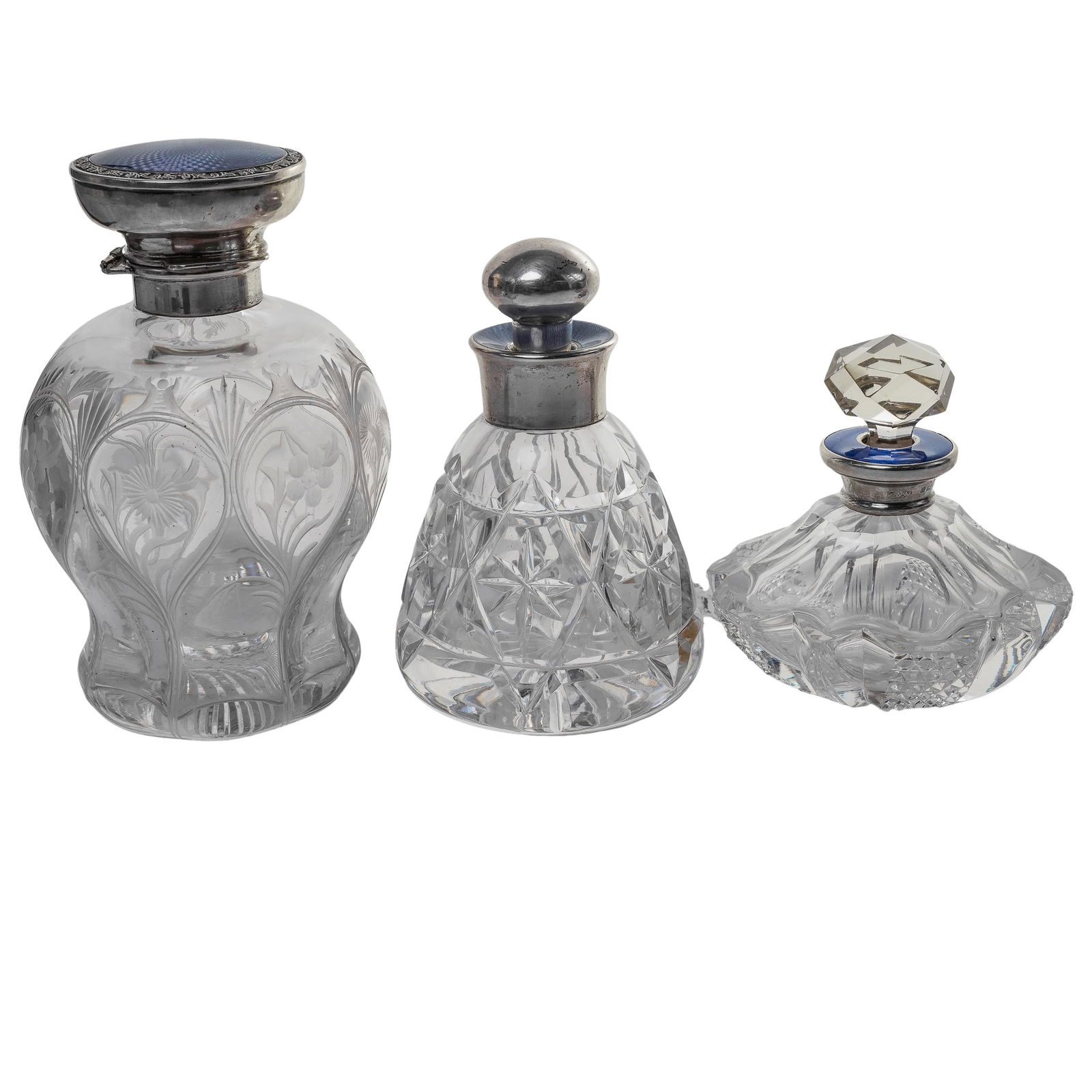 (3pc) Antique Guilloché Enamel and Sterling Silver Cut Crystal Perfume Bottles (1 of 7)