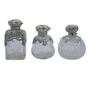 (3pc) Antique Cut Glass Sterling Silver Perfume Bottles
