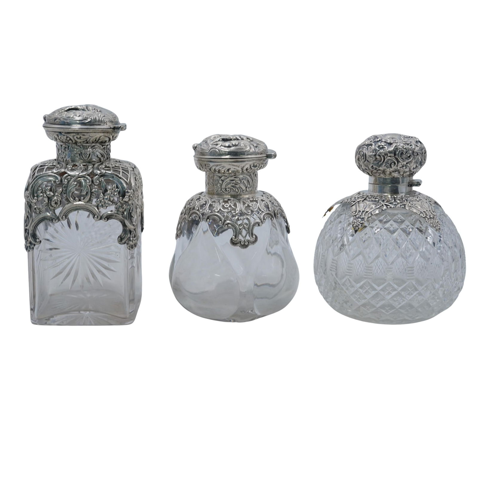 (3pc) Antique Cut Glass Sterling Silver Perfume Bottles (1 of 16)