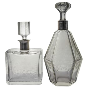 (2pc) Antique Etched Crystal and Silver Decanters