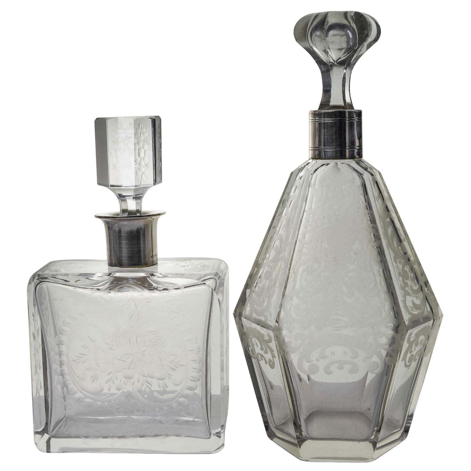 (2pc) Antique Etched Crystal and Silver Decanters (1 of 9)