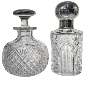 (2pc) Antique Cut Crystal Perfume Bottles With Sterling Silver Mounts