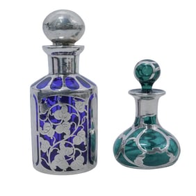 (2pc) Art Nouveau Jean Beck Sterling Silver Overlay Glass Perfume Bottles