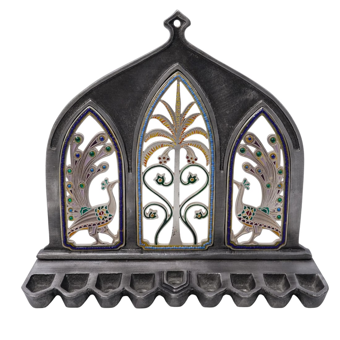 Lior Gluska Judaica Peacock Menorah: Lior Gluska Judaica Peacock Menorah20th c., IsraelHandmade silver metal peacock and floral gothic arch Hanukkah menorah with enameled detailing, inlaid beads, and round colored glass cabochons. The ar