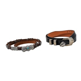 (2pc) Native American Style Sterling Silver Accent Leather Belts