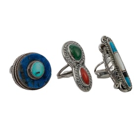 (3 Pc) Native American Sterling Silver & Semi-Precious Stone Rings