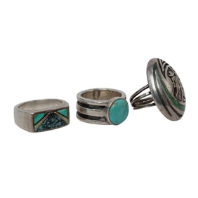 (3 Pc) Native American Sterling & Turquoise Stone Rings