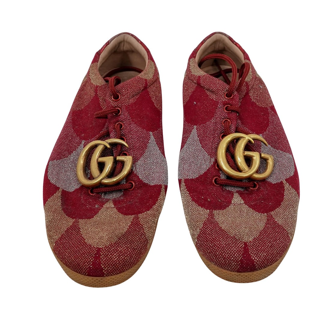 Gucci GG Marmont Canvas Platform Sneakers: Gucci GG Marmont Canvas Platform Sneakers21st Cent. ItalyPair of Gucci canvas platform sneakers featuring a bold red patterned upper and the signature interlocking GG gold tone logo hardware. Finished
