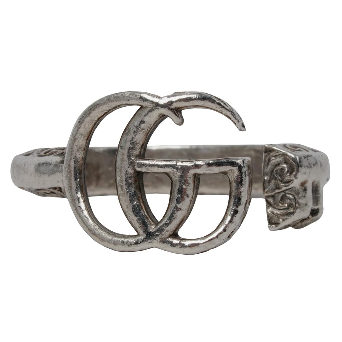 Gucci Sterling Silver GG Marmont Key Ring: Gucci Sterling Silver GG Marmont Key Ring20th c., ItalySterling silver Double G ring, with an aged finish. The ring is formed from a key with intricate scrollwork engravings. It is stamped "Gucci, Mad