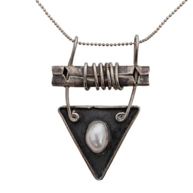 Modernist Sterling Silver Triangular Pearl Pendant Necklace