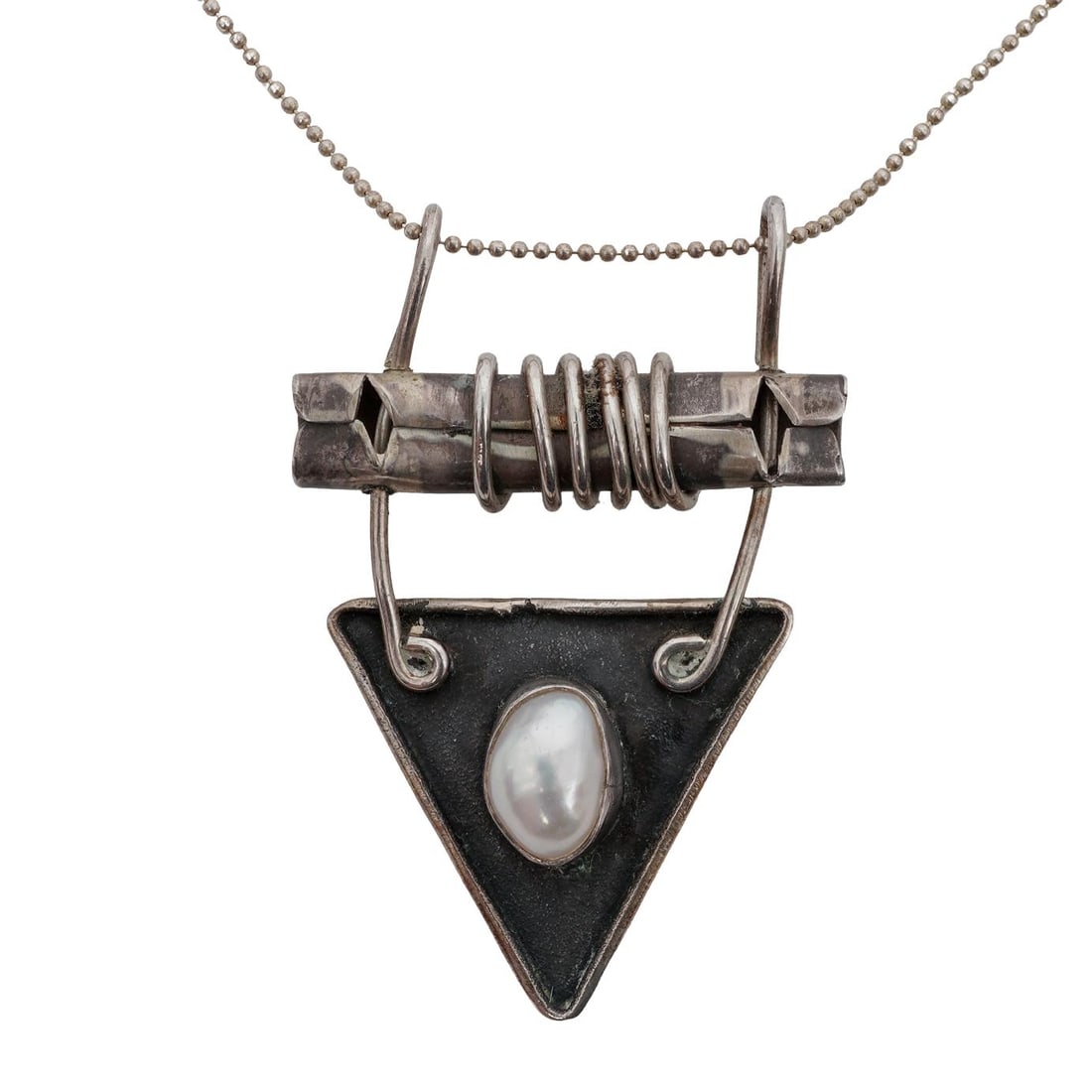 Modernist Sterling Silver Triangular Pearl Pendant Necklace (1 of 7)