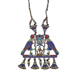 Vintage Egyptian Revival Enameled Silver Necklace