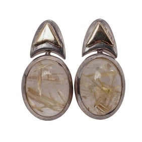 Pair Sterling & 18K Rutilated Quartz Earrings