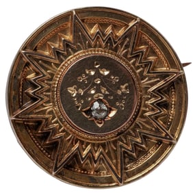 Victorian 10K Gold & Diamond Sun Brooch