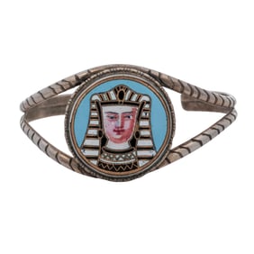 Vintage Sterling Silver Enameled Egyptian Pharaoh Cuff Bracelet
