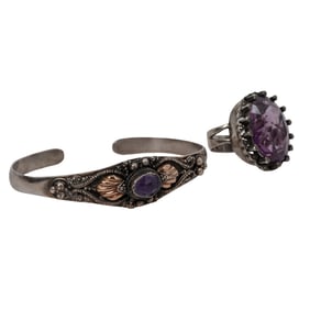 (2 pcs) Sterling Silver and Amethyst Cuff and Ring