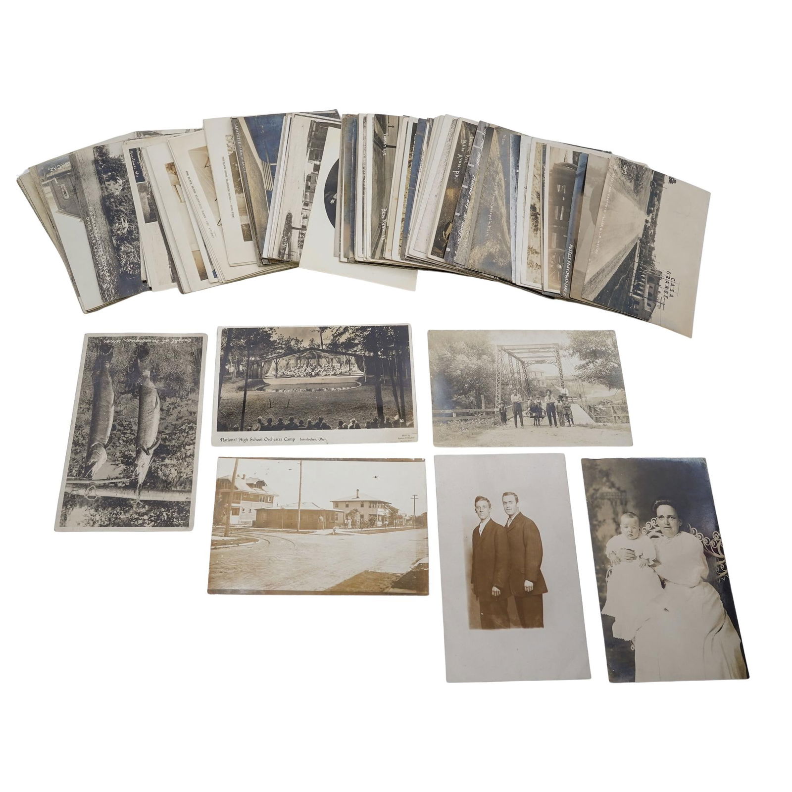 (110pcs) Large Antique Photographic Postcards: (110pcs) Large Antique Photographic Postcards19th / 20th century, USAAntique Group of postcards (110) pcs . Featuring local scenes , Landscapes, people and real photo postcards.Provenance: Private Pen