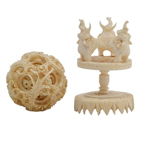 (2pc) Antique Chinese Carved Bone Puzzle Ball on Stand