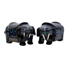 Pair of Chinese Lacquer & MOP Inlay Elephant Trinket Boxes