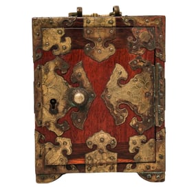 Antique Chinese Wooden Jewelry Chest With Brass Mounts