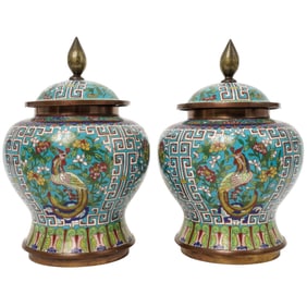 Pair Of Chinese Cloisonne Brass Covered Jars
