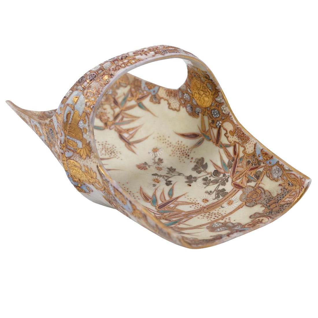 Vintage Signed Japanese Satsuma Porcelain Basket: Vintage Signed Japanese Satsuma Porcelain Basket Early to mid 20th century, Japan A vintage Japanese Satsuma porcelain basket with floral imagery and gilt detailing. Signed on bottom by artist. H 4 3/