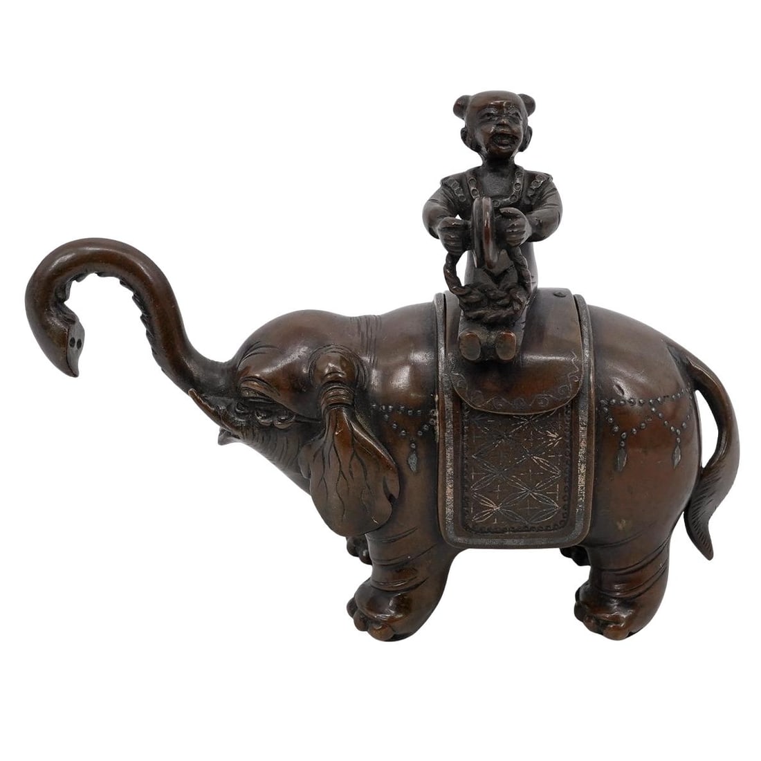 Antique Japanese Bronze Elephant and Koro Figure: Antique Japanese Bronze Elephant and Koro FigureEarly 20th century , JapanAntique Japanese Bronze Elephant figurine with a rider Koro incense burner Circa 1920sIt depicts an elephant wearing caparison