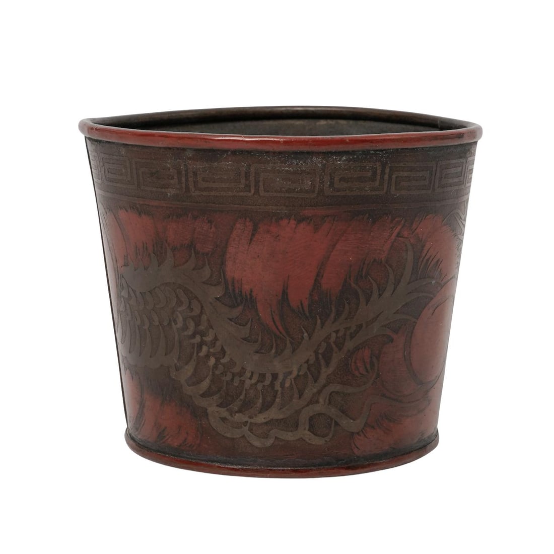 Antique Japanese Dragon Inlaid Copper Cup: Antique Japanese Dragon Inlaid Copper CupLate 19th- Early 20th Cent. JapanAntique Japanese inlaid red copper cup with scrolling dragon chasing flame covered pearl decoration, completed with meandering