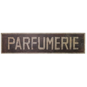 Monumental Vintage “Parfumerie" Sign, Enameled Tin and Hardwood