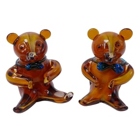 Pair of Hand Blown Amber Murano Glass Teddy Bears