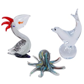 (3 pcs) Murano and Sardinia Crystal Art Glass Sea Life Sculptures