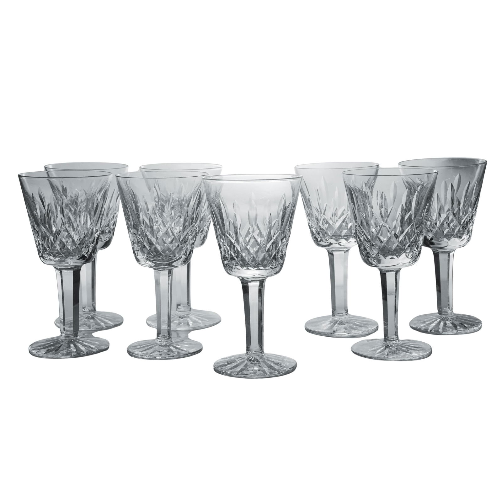 (8pc) Waterford "Lismore" Cut Crystal Cordial Glasses: (8pc) Waterford "Lismore" Cut Crystal Cordial GlassesLate 20th Cent. IrelandSet of eight Waterford cut crystal cordial glasses in the iconic "Lismore" pattern, featuring the signature diamond and wedg