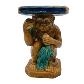 Vintage Italian Majolica Ceramic Monkey Pedestal