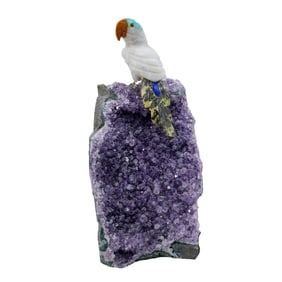 Semi Precious Stone Carved Parrot On Amethyst Base Figure