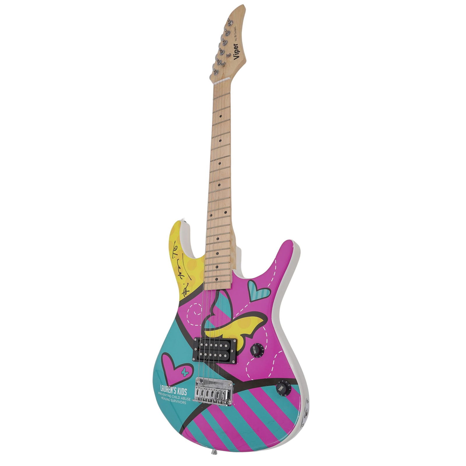 Signed Romero Britto Decorated Electric Guitar: Signed Romero Britto Decorated Electric Guitar20th c., USAHand signed Romero Britto electric Viper guitar. The instrument helped to raise money for Lauren's Kids foundation, an organization that educa