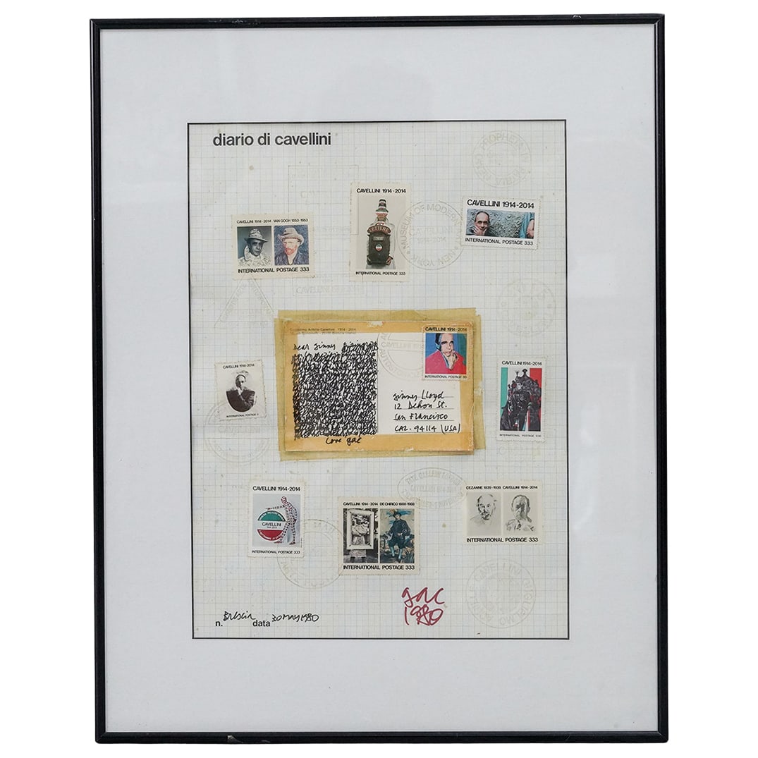 Guglielmo Achille Cavellini (Italian, 1914-1990) "Diario Di Cavellini" Stamp Collage: Guglielmo Achille Cavellini (Italian, 1914-1990) "Diario Di Cavellini" Stamp Collage1989, ItalianA stamp collage on graph paper titled "Diario Di Cavellini" by artist Guglielmo Achille Cavellini (Ital
