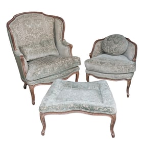 (3 pcs) French Louis XV Style Upholstered Side Chairs and Ottoman