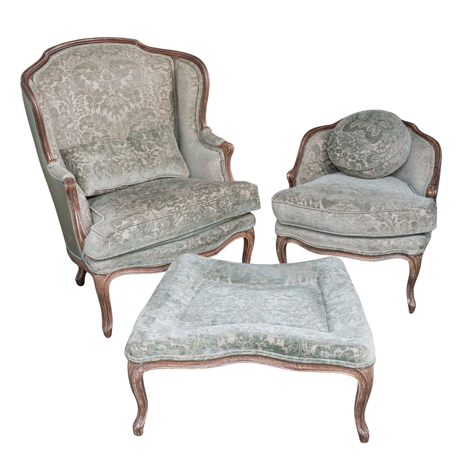 (3 pcs) French Louis XV Style Upholstered Side Chairs and Ottoman (1 of 8)