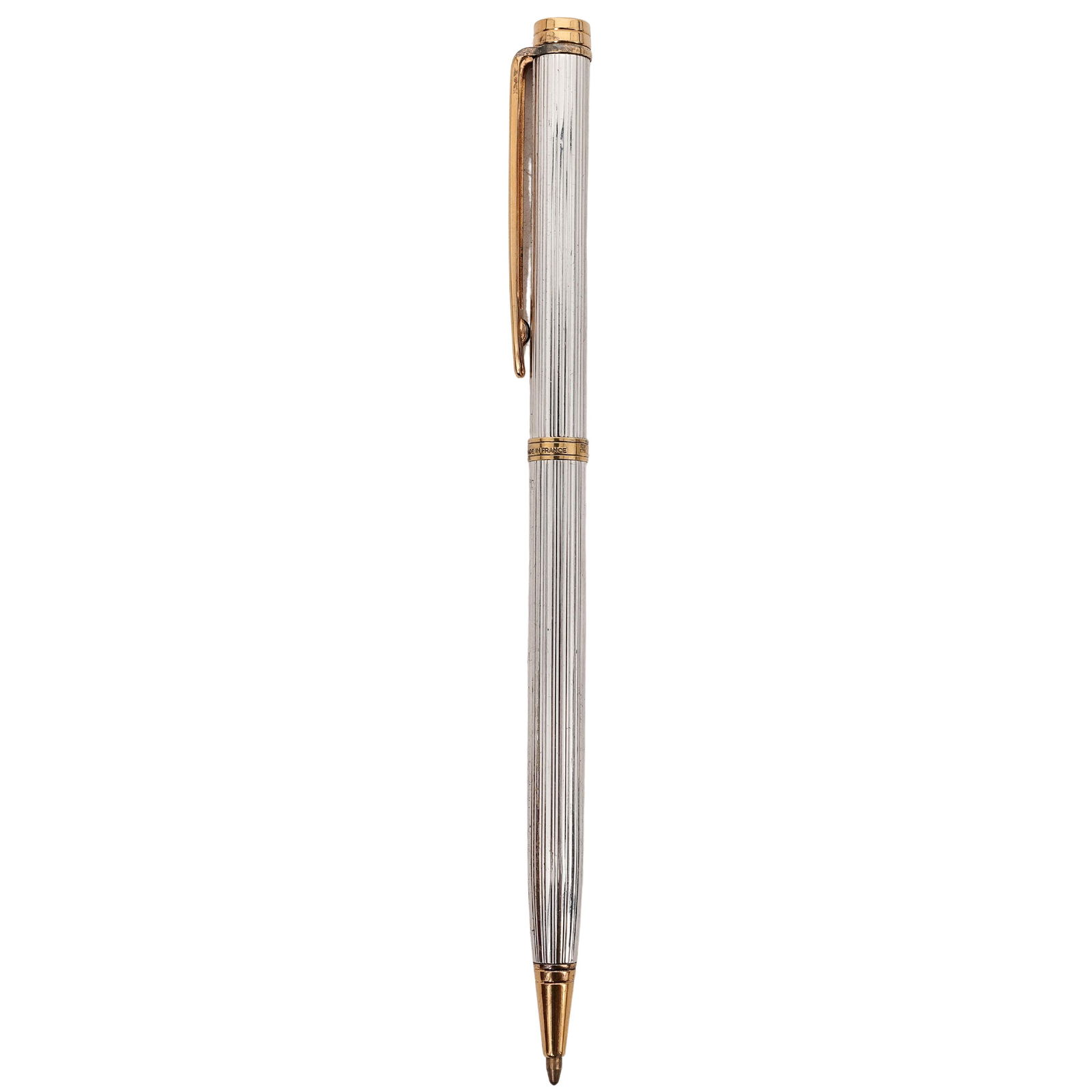 Waterman Silver-Tone Ballpoint Pen with Gold Accents: Waterman Silver-Tone Ballpoint Pen with Gold Accents20th CentAn elegant Waterman ballpoint pen featuring a striped silver-tone barrel and cap accented with gold-plated trim. The pen displays Waterman�