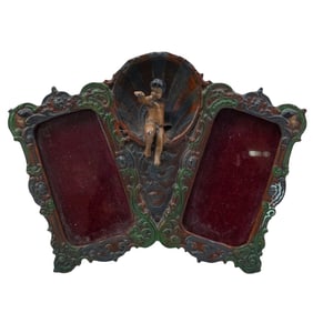 Antique Cold Painted Metal Figural Double Picture Frame