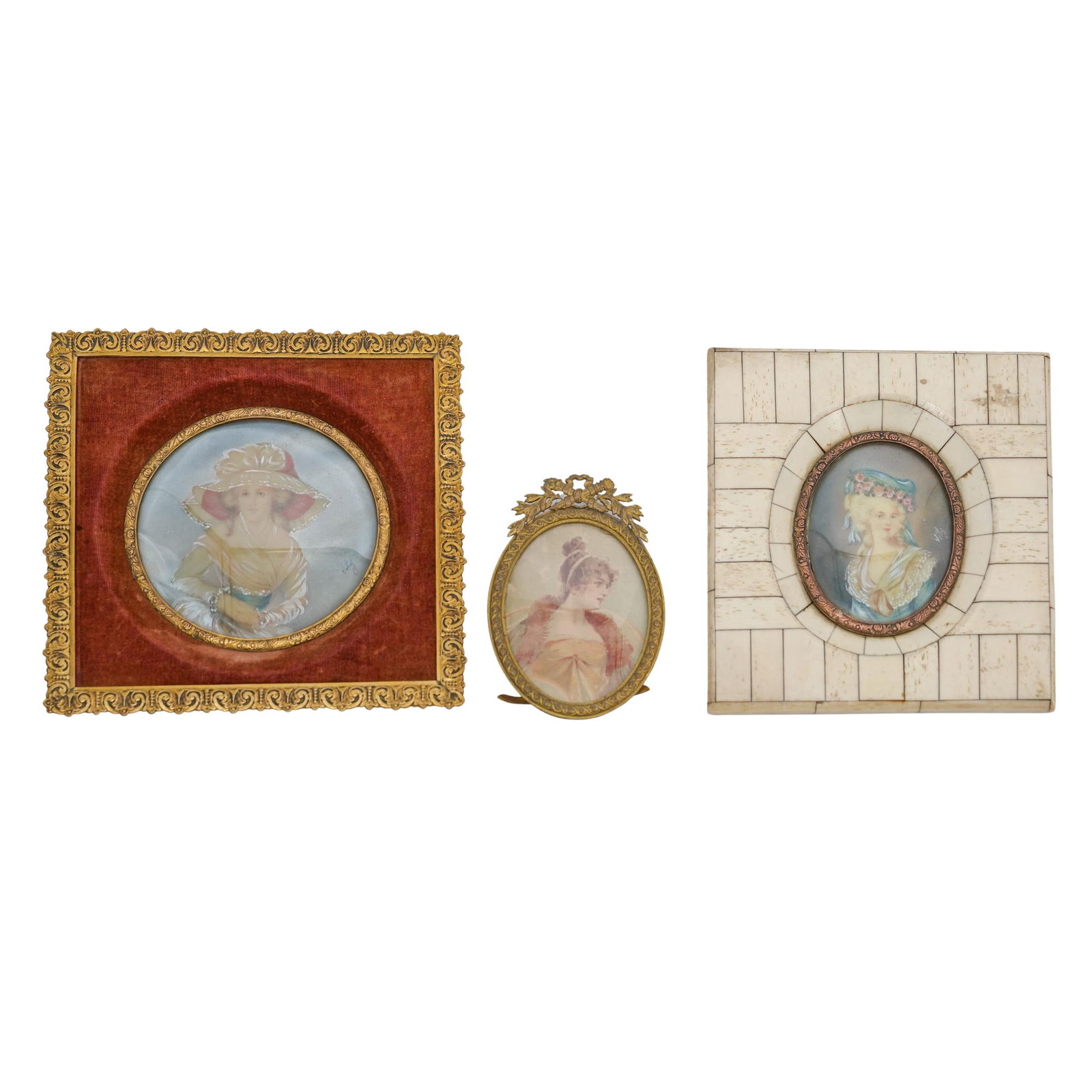 (3 Pc) Antique Victorian Hand painted Framed Portraits: (3 Pc) Antique Victorian Hand painted Framed Portraits19th century, Continental3pcs Antique Victorian Hand painted portrait paintings in Gilded bronze, bone & Brass velvet frames signed. Lot includes
