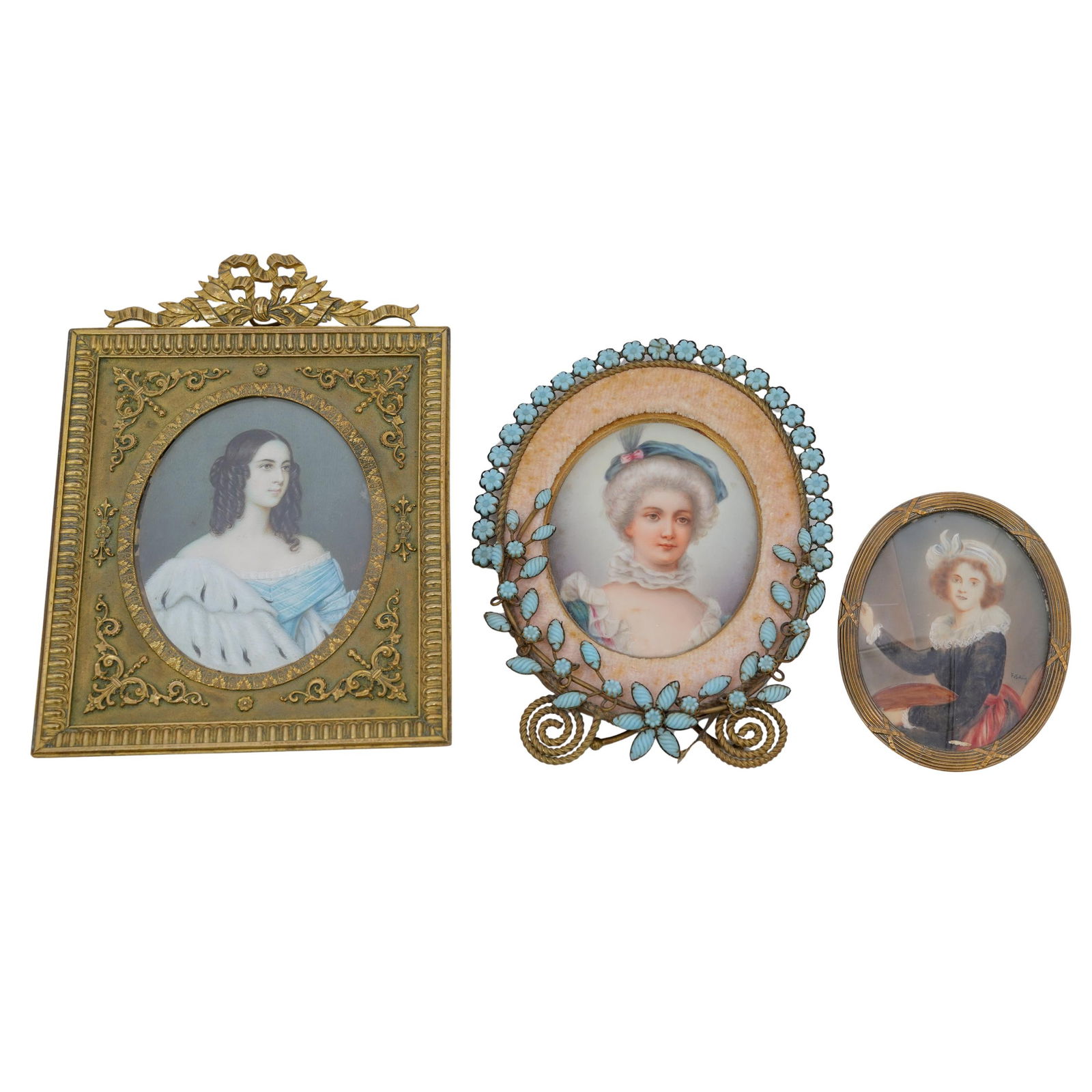(3 pcs) Antique Hand Painted Portrait and Bronze Picture Frames: (3 pcs) Antique Hand Painted Portrait and Bronze Picture FramesLate 19th century, Continental, USAA set of three antique bronze picture frames with hand-painted portraiture on porcelain and bone.x1 Br