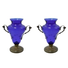 Pair of Large Art Nouveau Cobalt Blue Glass and Bronze Vase