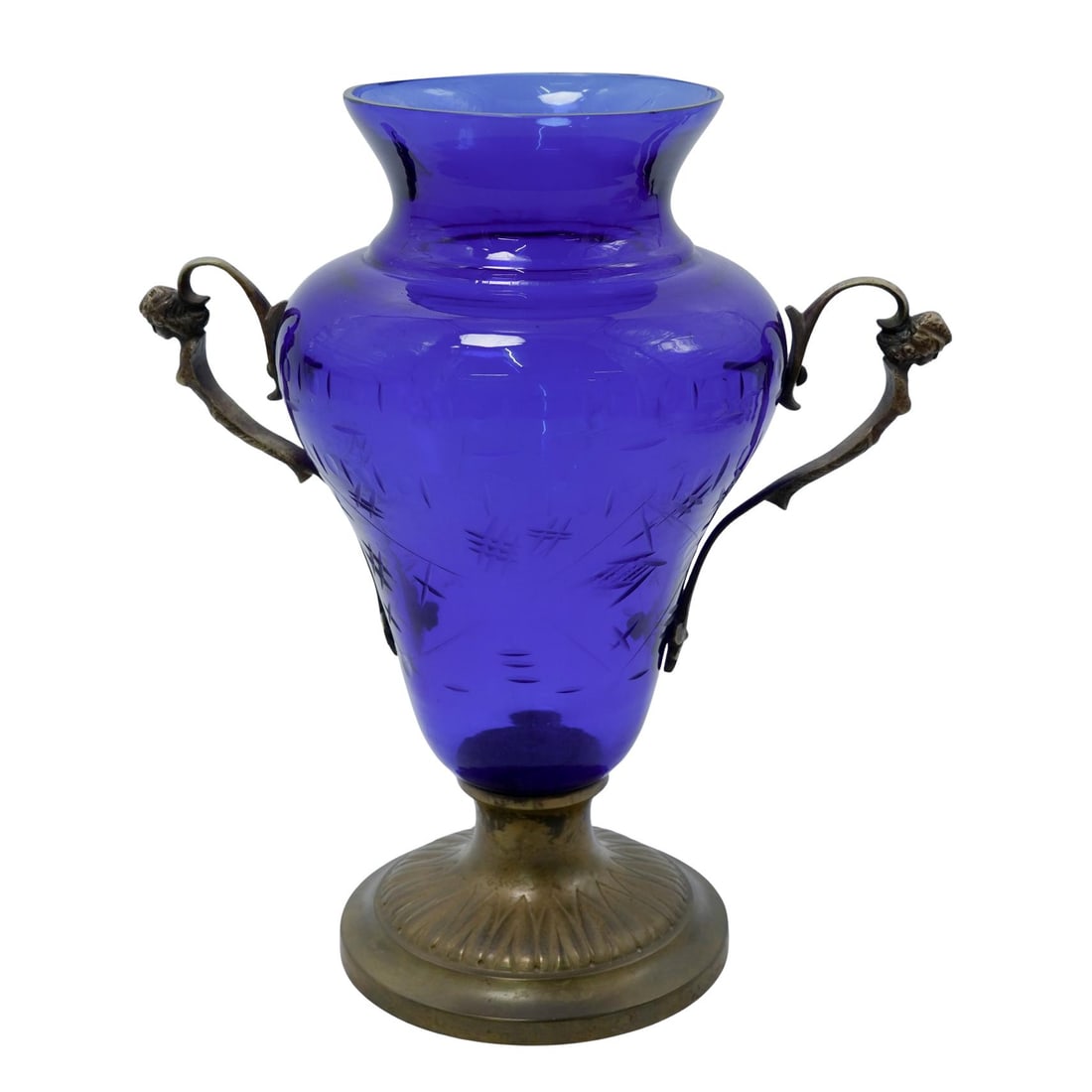 Pair of Large Art Nouveau Cobalt Blue Glass and Bronze Vase: Large Art Nouveau Cobalt Blue Glass and Bronze VaseEarly 20th century, ContinentalAntique Large Art Nouveau Cobalt Blue Art Glass Vase with bronze mounts and Semi Nude Female Handles. The Vase feature
