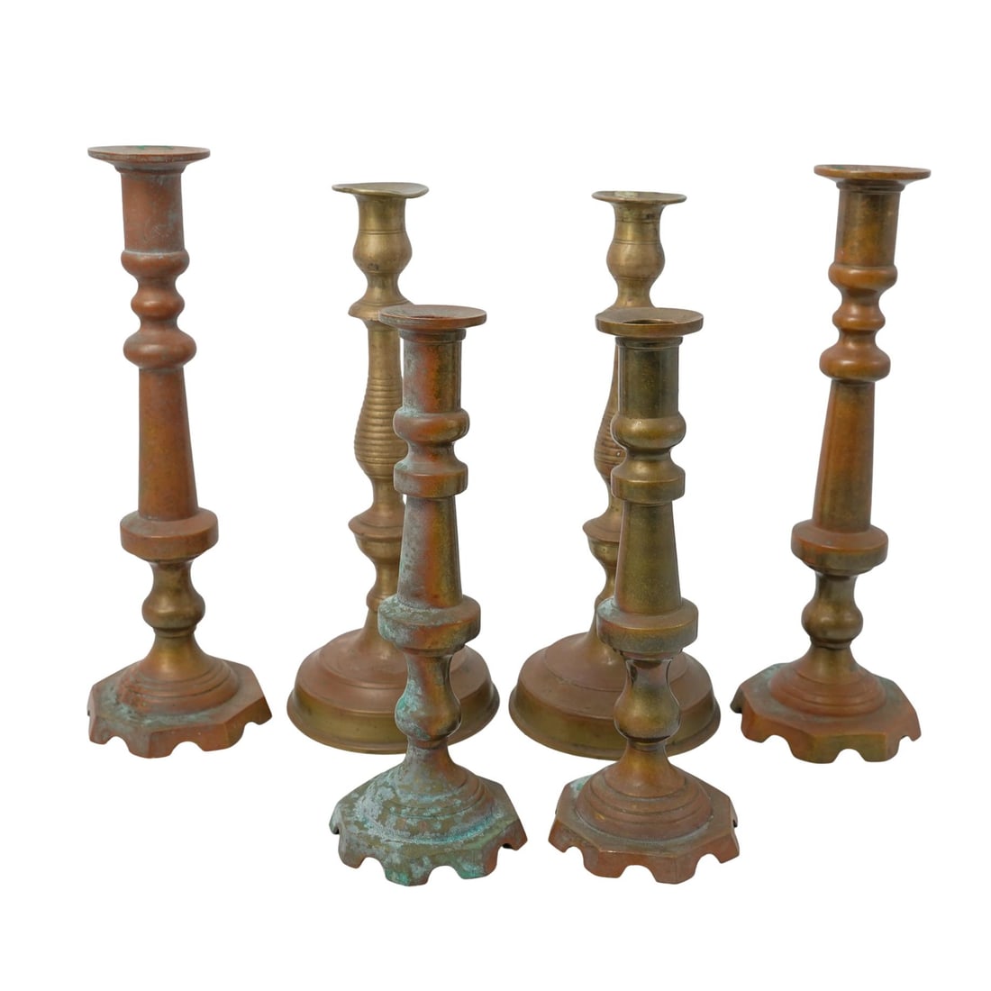 (6pc) Antique Turned & Cast Brass Candlestick Holders: (6pc) Antique Turned & Cast Brass Candlestick Holders19th/20th Mexico, EnglandGroup of six turned and cast brass candlesticks holder, each featuring a turned or baluster form stem and a wide lobed bas