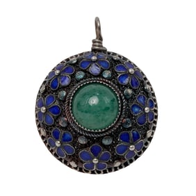 Antique Chinese Silver Filigree Enamel Jade Pendant