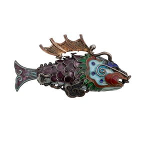 Vintage Chinese Enameled Silver Articulated Fish Pendant