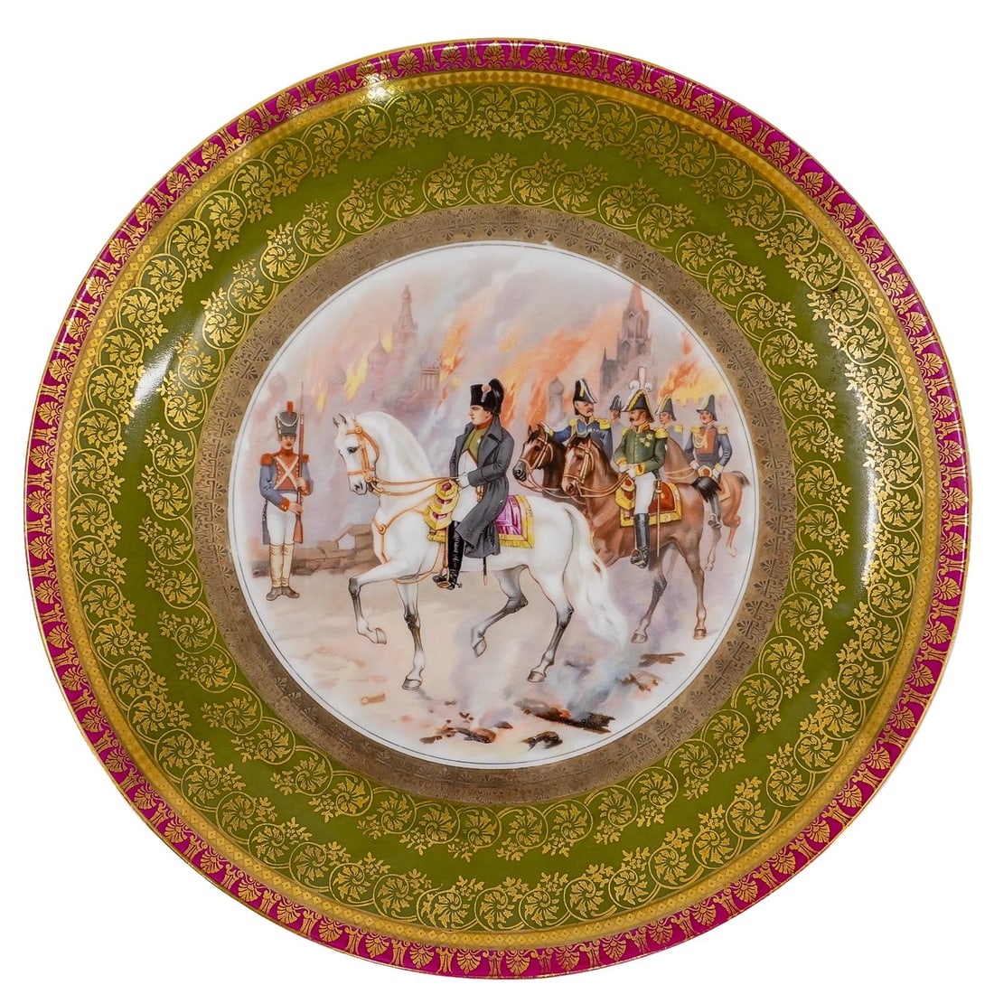 M.S. Kuznetsov Factory Porcelain Cabinet Plate: M.S. Kuznetsov Factory Porcelain Cabinet Plate 20th Cent, Russia M.S. Kuznetsov Factory porcelain cabinet plate or charger, the central transferred scene depicting Napoleon in Moscow, the cavetto deco