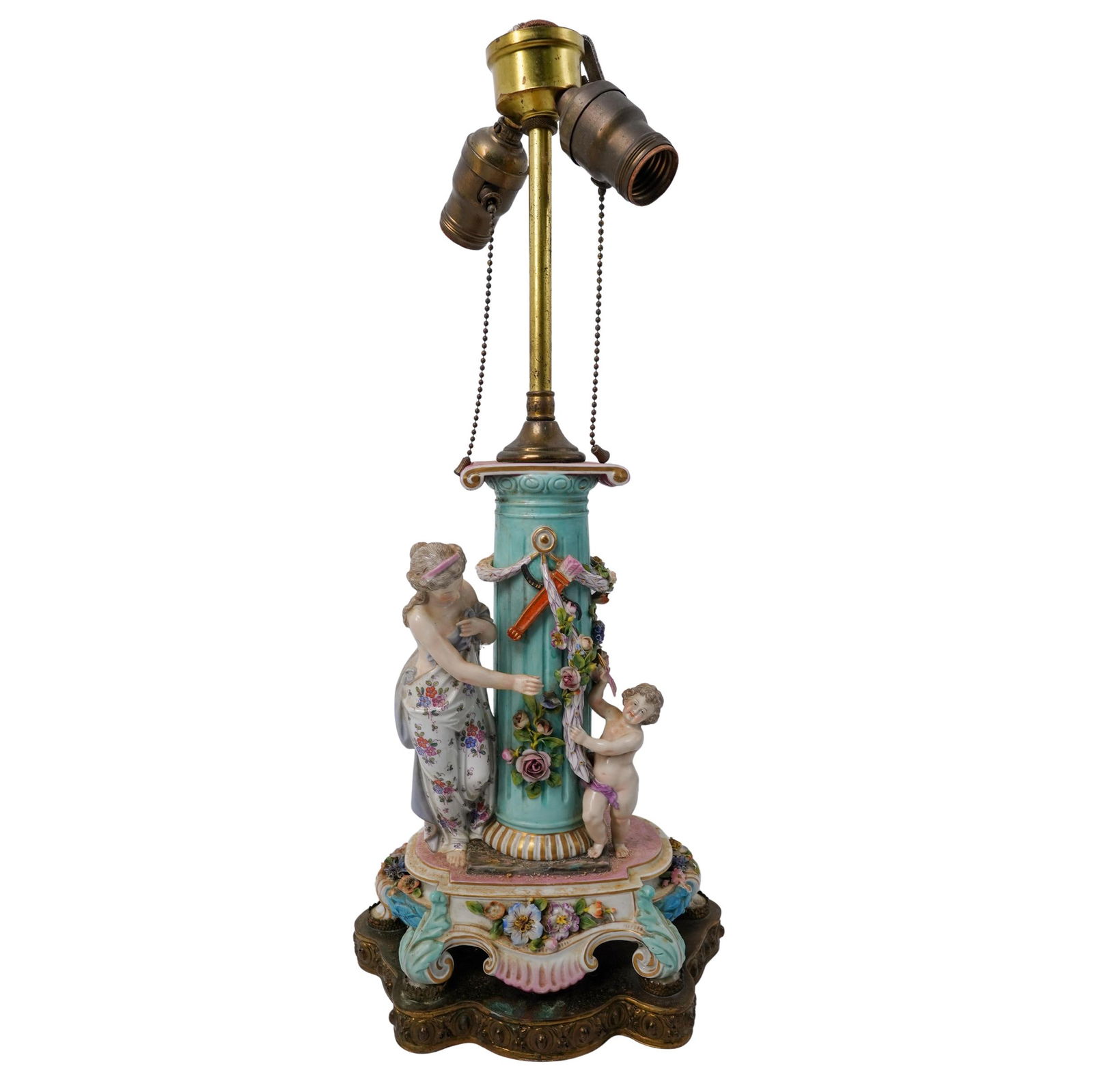 Antique Volkstedt Dresden Figural Rococo Porcelain and Bronze Lamp: Antique Volkstedt Dresden Figural Rococo Porcelain and Bronze Lamp19th century , GermanyAntique Volkstedt Dresden Figural Rococo style Large Porcelain table Lamp on bronze base.The Lamp depicts Venus